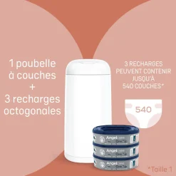 Angelcare Starter Pack Poubelle à couches Dress Up+ 3 recharges octogonales Blanc