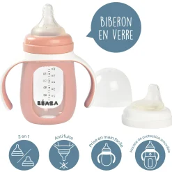 Béaba                    Biberon d'apprentissage 2 en 1 en verre    Old Pink            210 ml