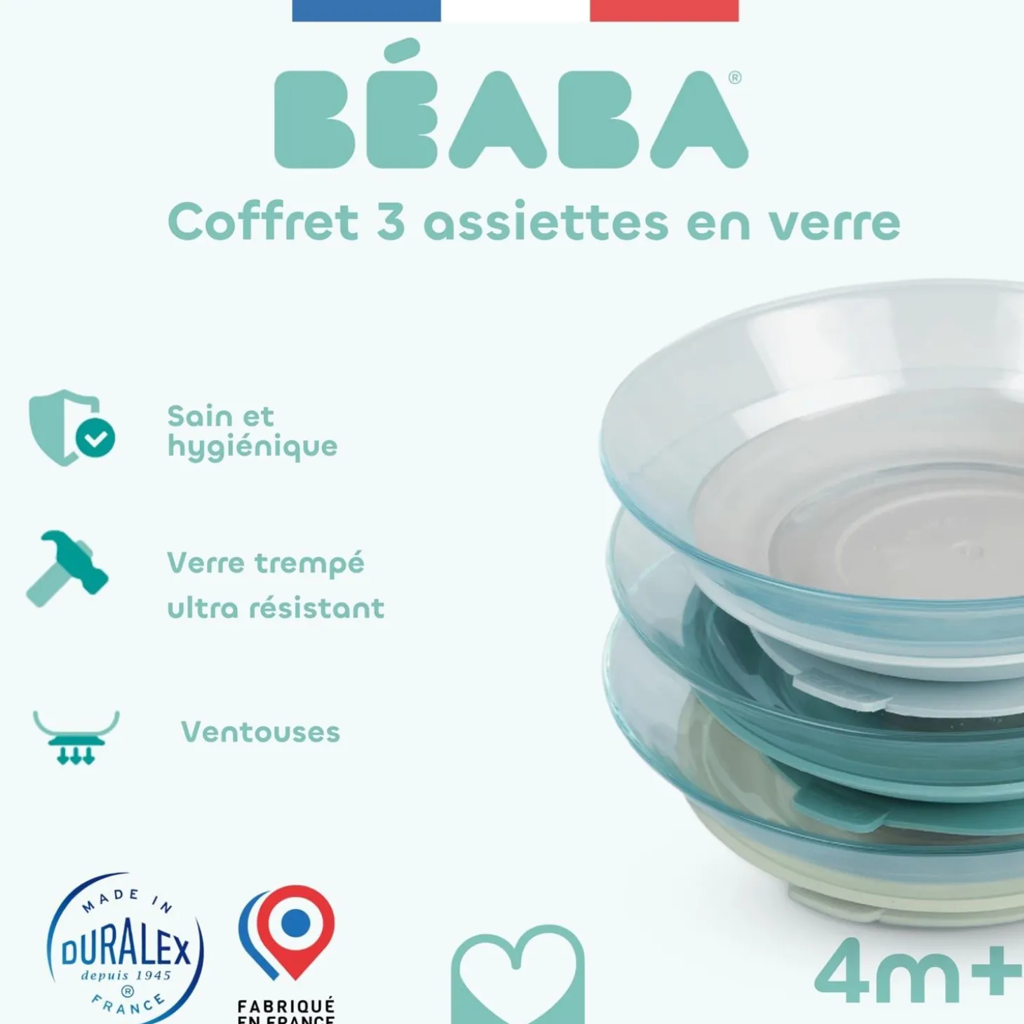 Béaba Coffret 3 Assiettes Verre Duralex Misty Green