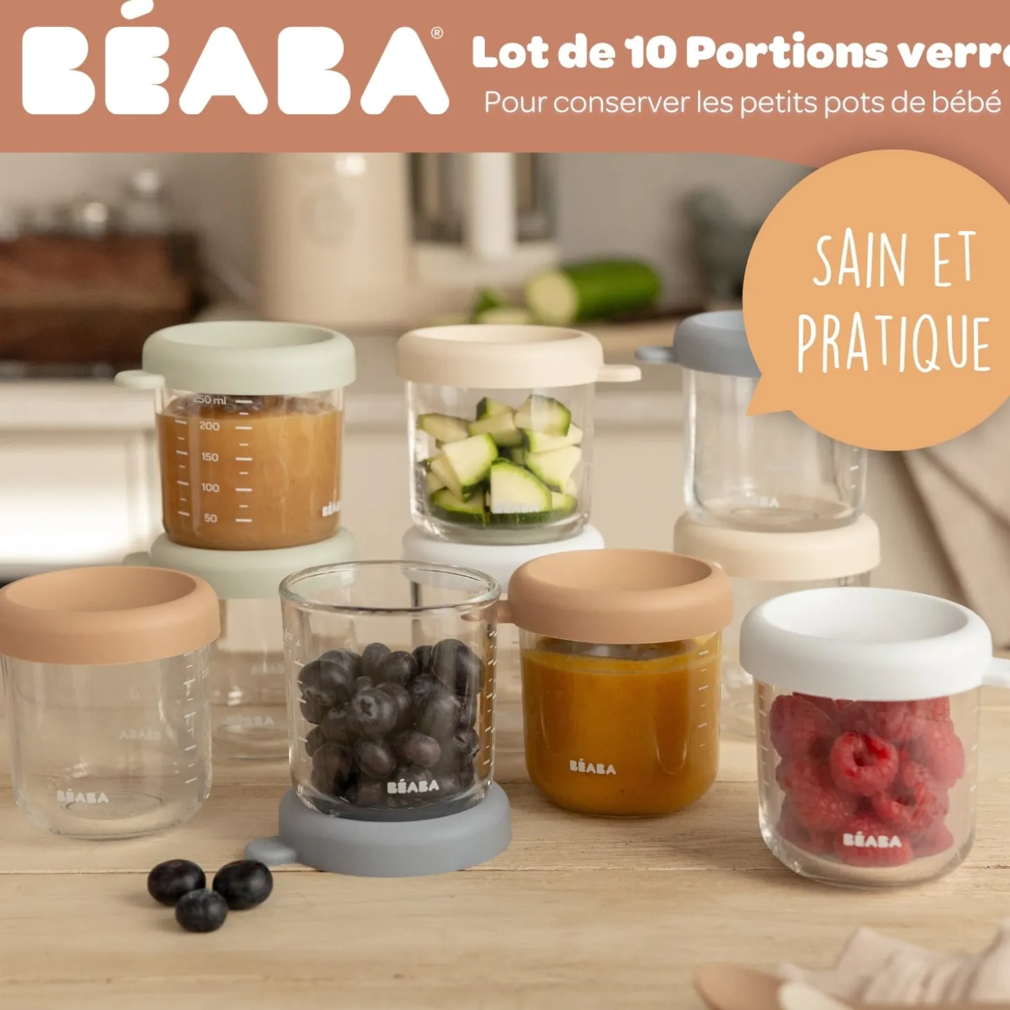 Béaba Coffret 10 Portions Verre Natural Color Mix 250 ml