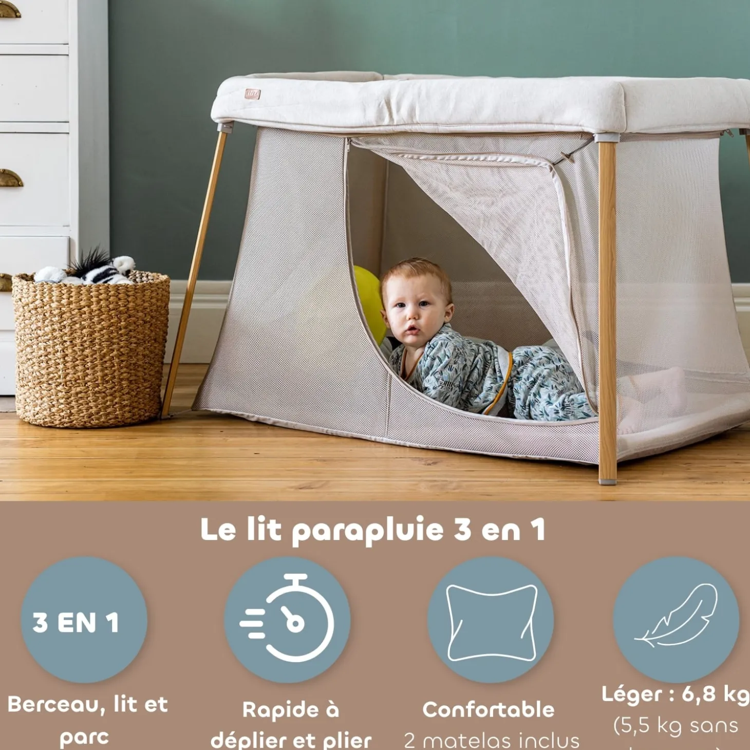 Béaba Lit Parapluie 3 En 1 Eazy Sleep Argile / Gazelle