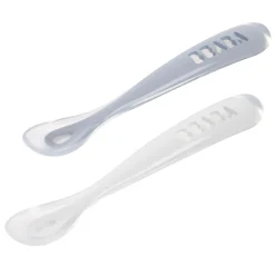 Béaba                    Lot de 2 cuillères silicone 1er âge avec boite    Duo Galet / Bleu nuage