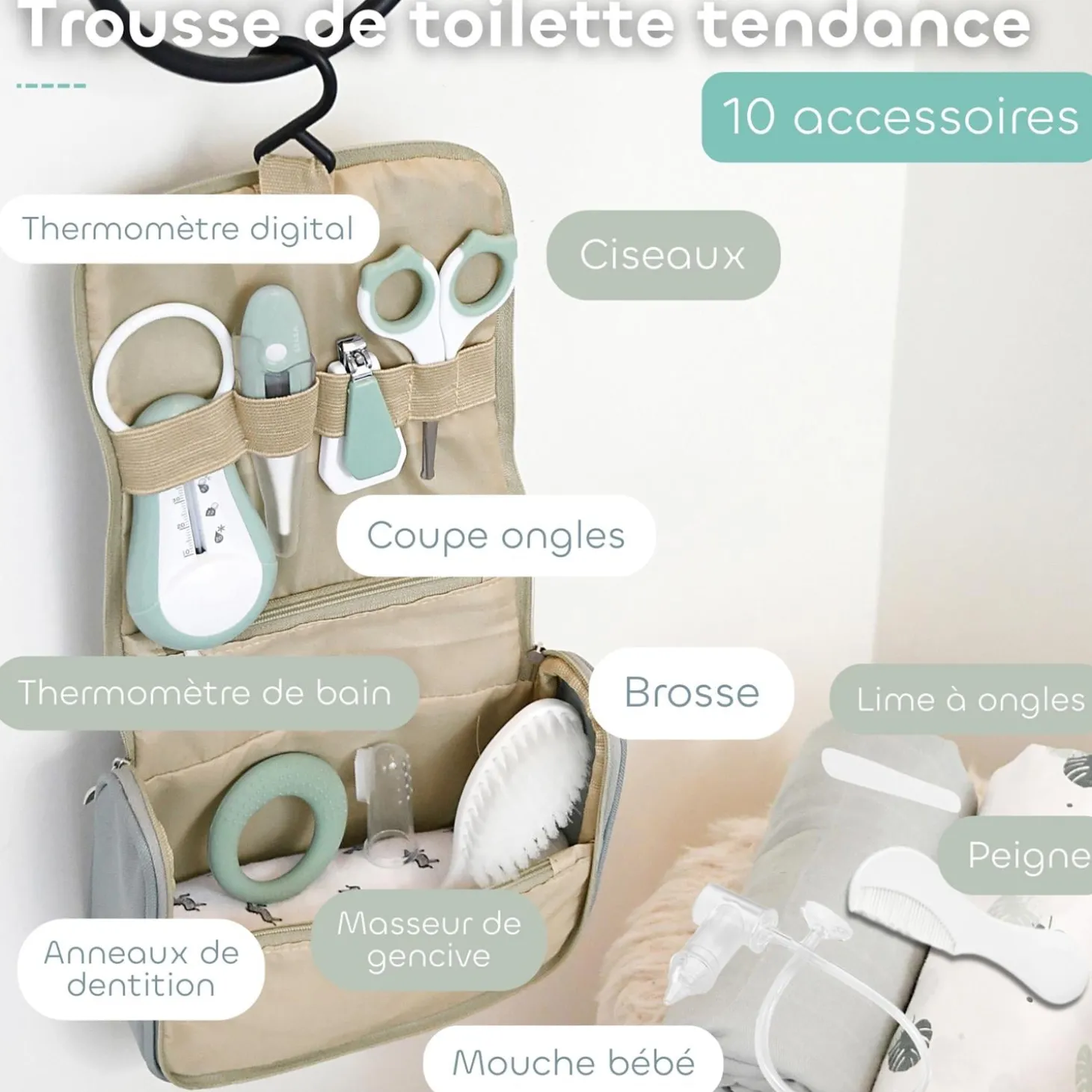 Béaba Trousse de Toilette Nomade 10 Accessoires Sage Green