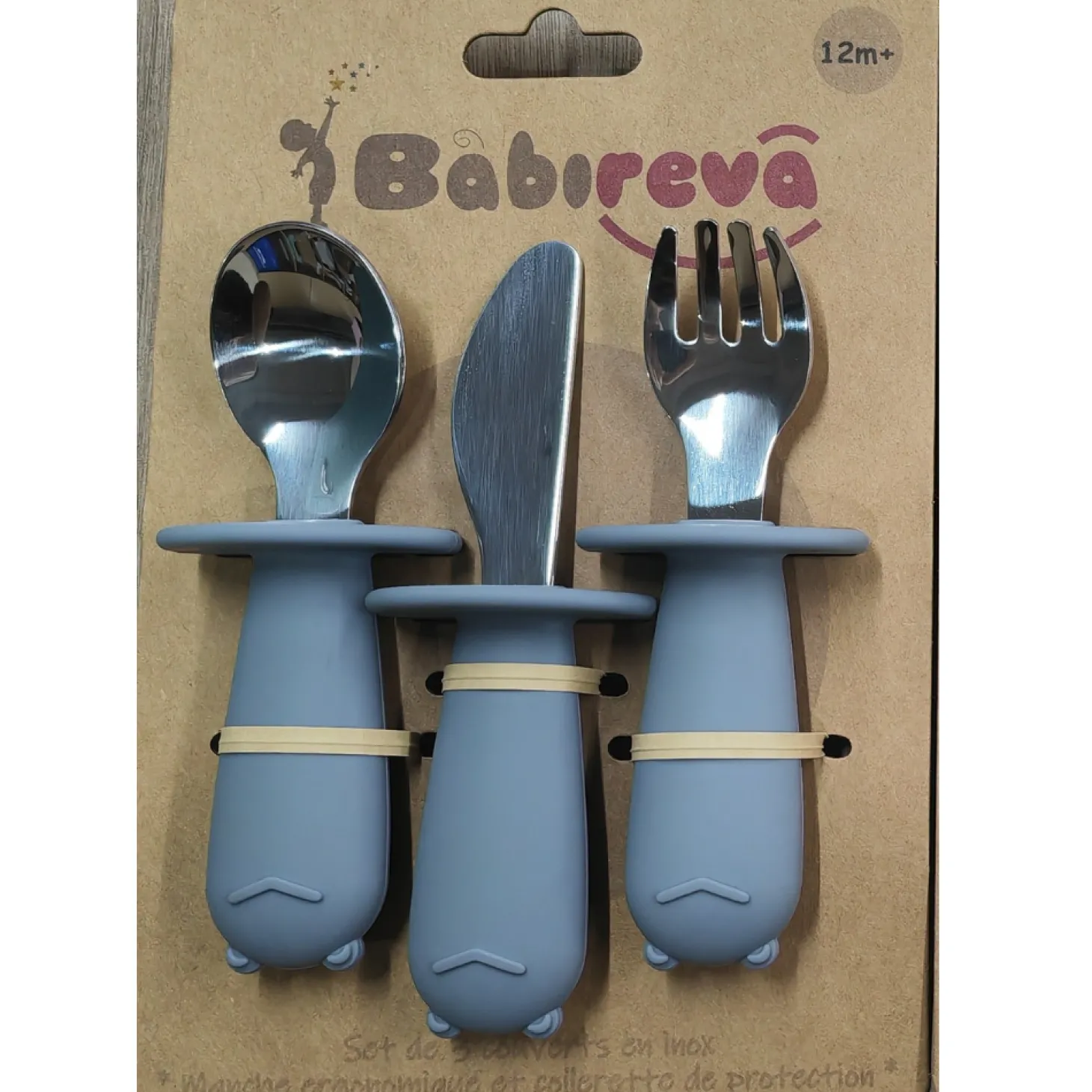 Babireva Set de 3 couverts inox avec colerette de protection Gris