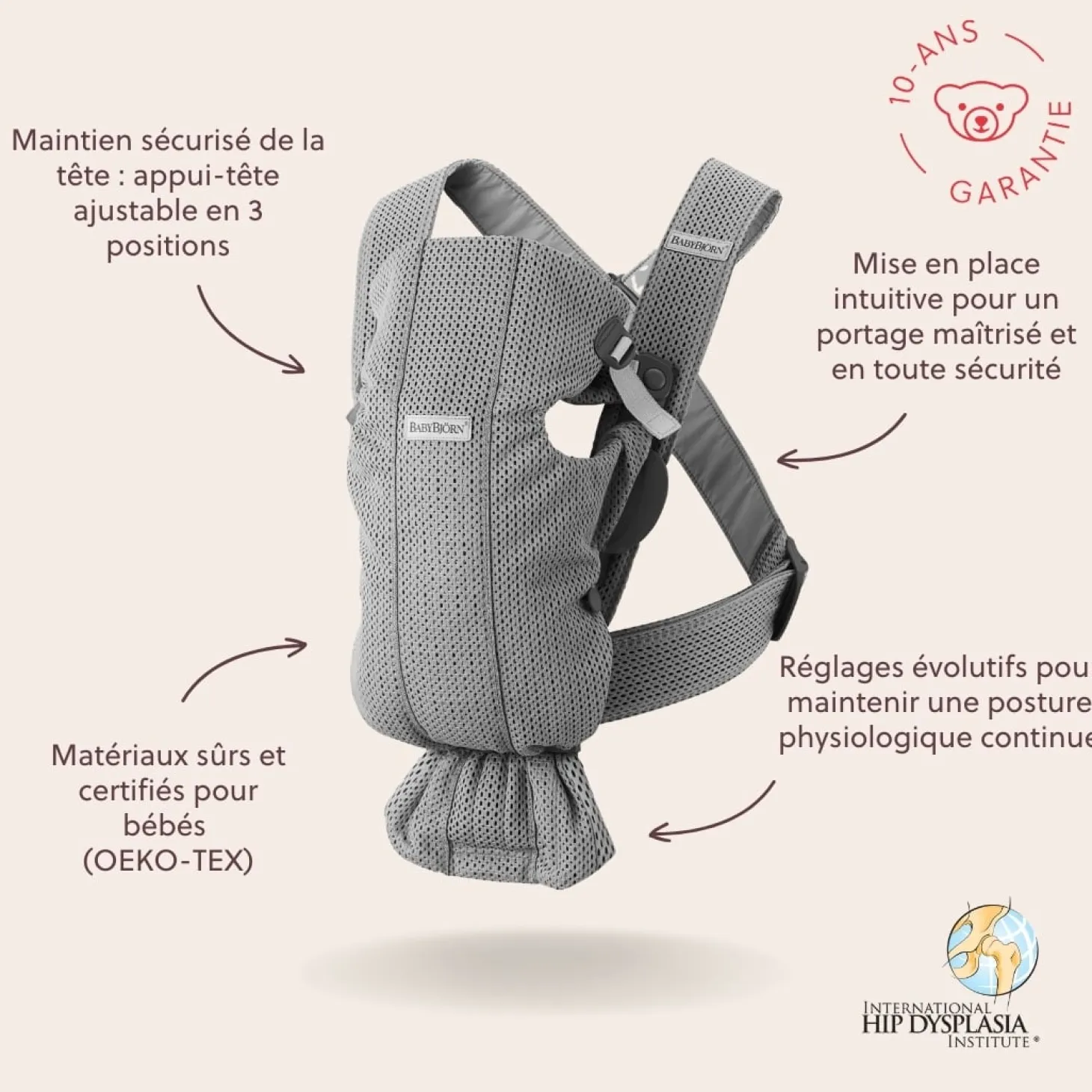 BabyBjörn Porte-bébé Mini Gris, Mesh 3D
