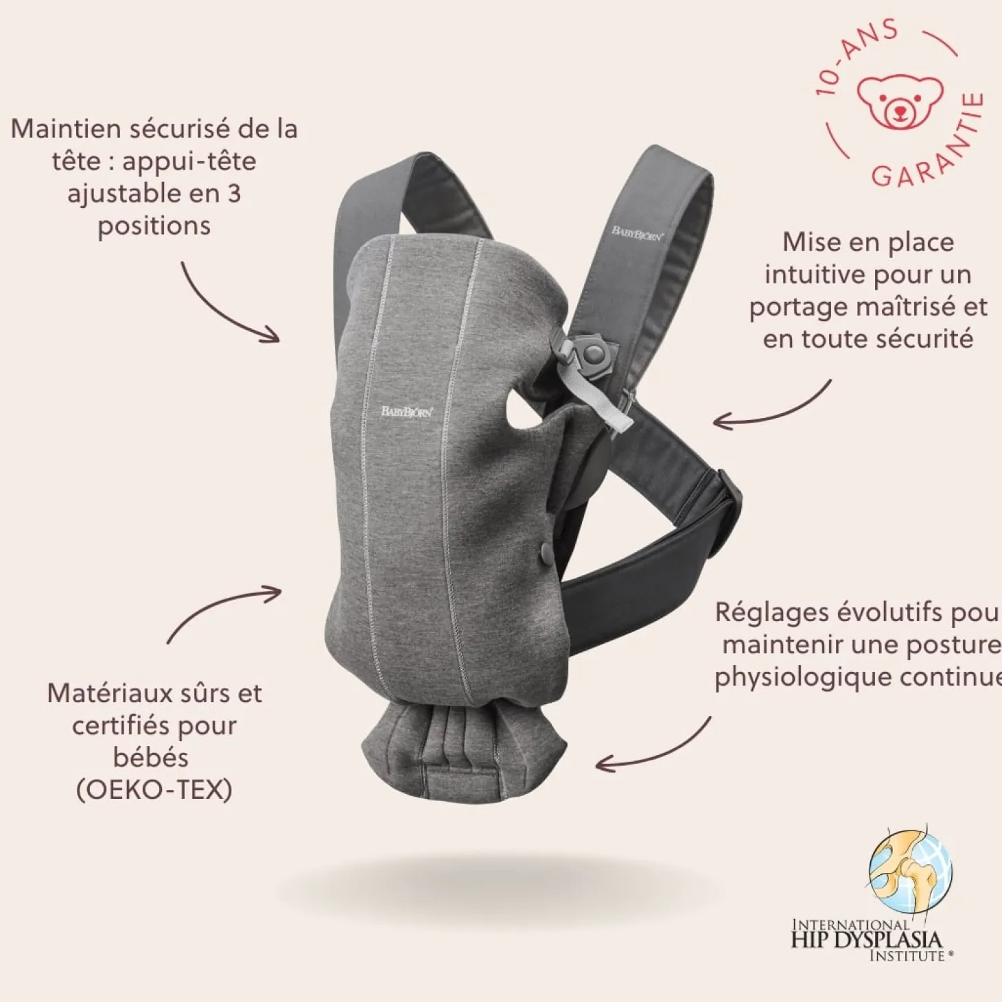 BabyBjörn Porte-bébé Mini Jersey Gris Foncé, Jersey 3D