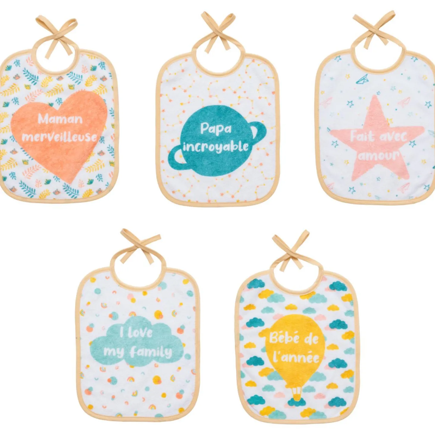 BabyCalin Lot de 5 Bavoirs Famille 0 - 6 mois