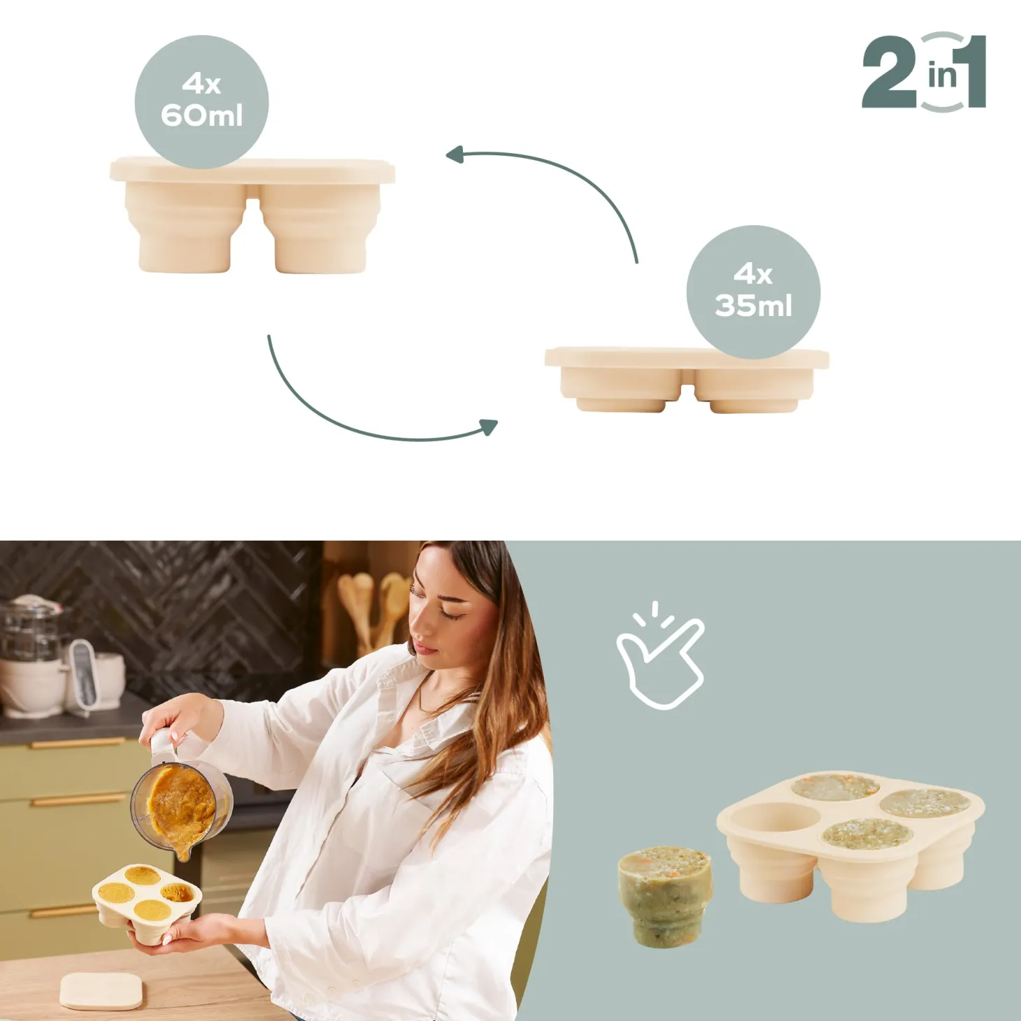 Babymoov Set Contenants Silicone & Grignoteuse Vert Et Beige