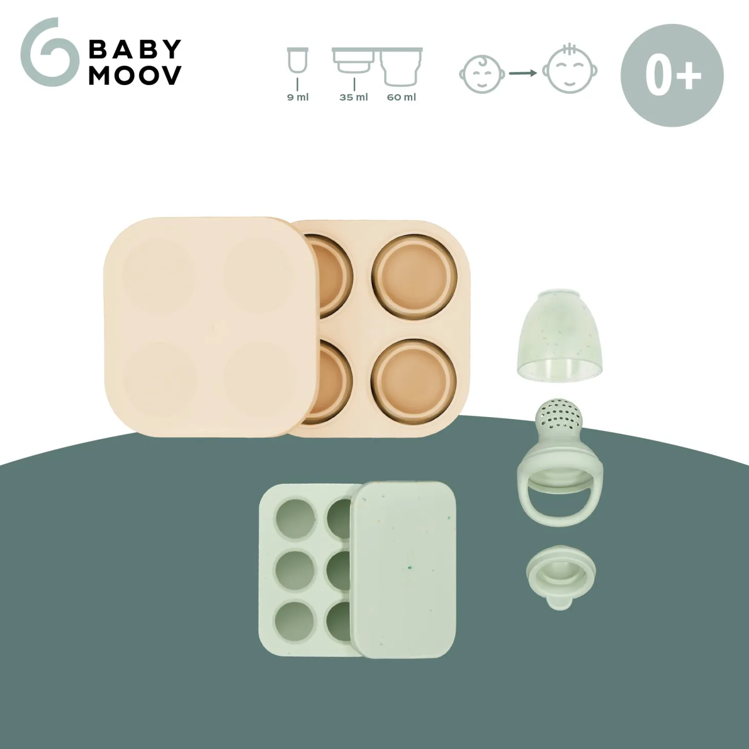 Babymoov Set Contenants Silicone & Grignoteuse Vert Et Beige