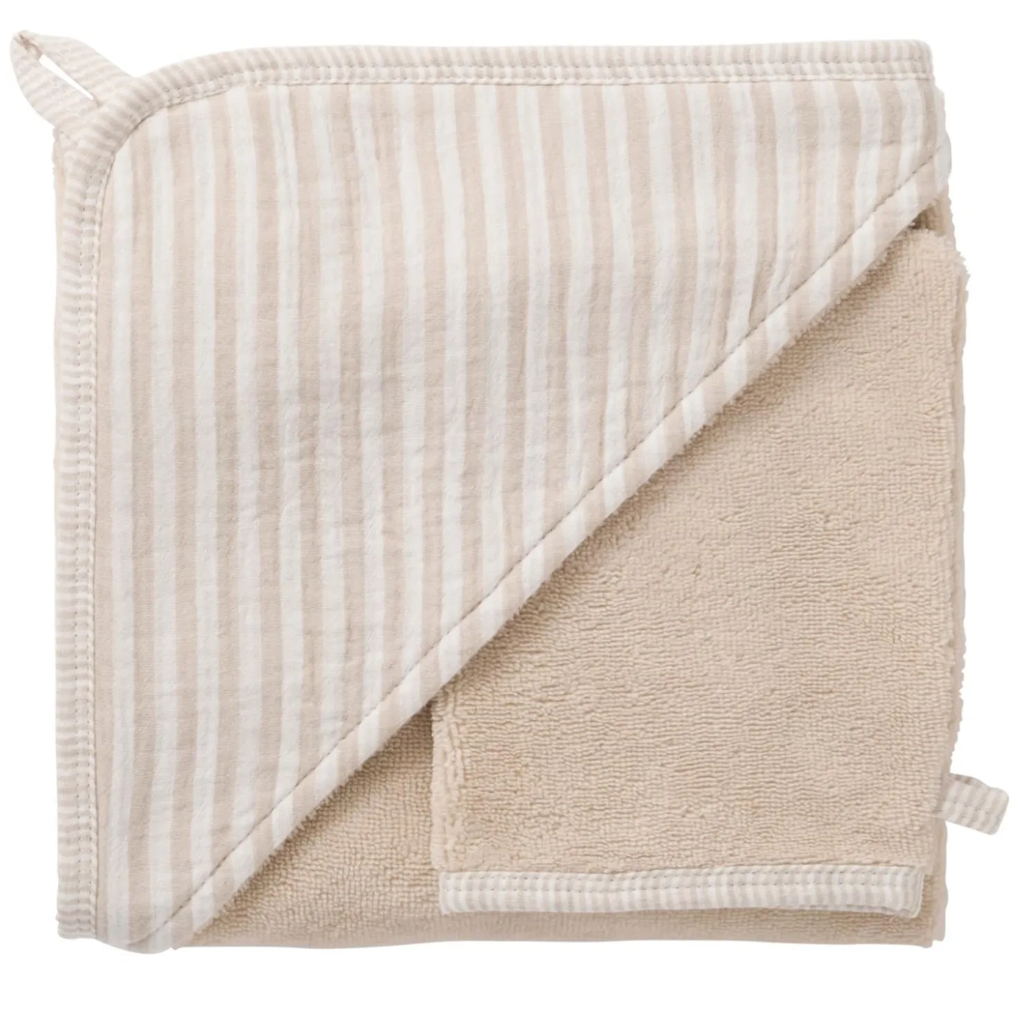 BB&Co Cape de bain + gant rayé Soft Stripes Écru/ Galet 70x70 cm