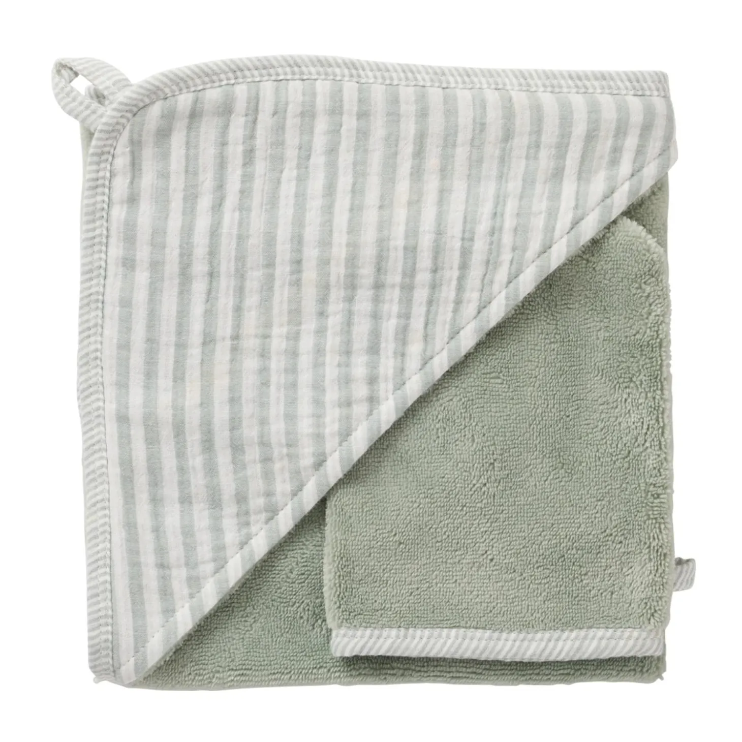 BB&Co Cape de bain + gant rayé Soft Stripes Écru/ Vert De Gris 70x70 cm