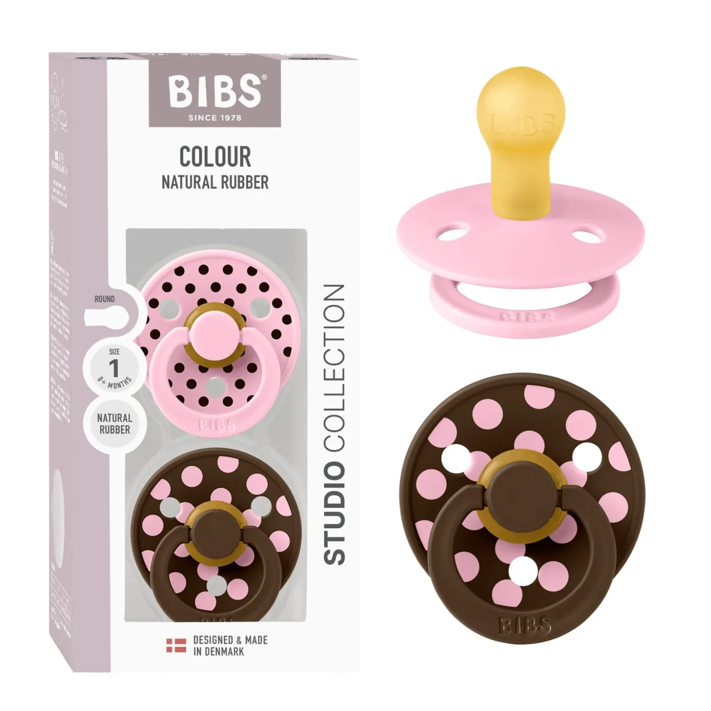 BIBS Tétine Studio Colour 2 Pack Polka Caoutchouc Pink/Mocha Taille 1