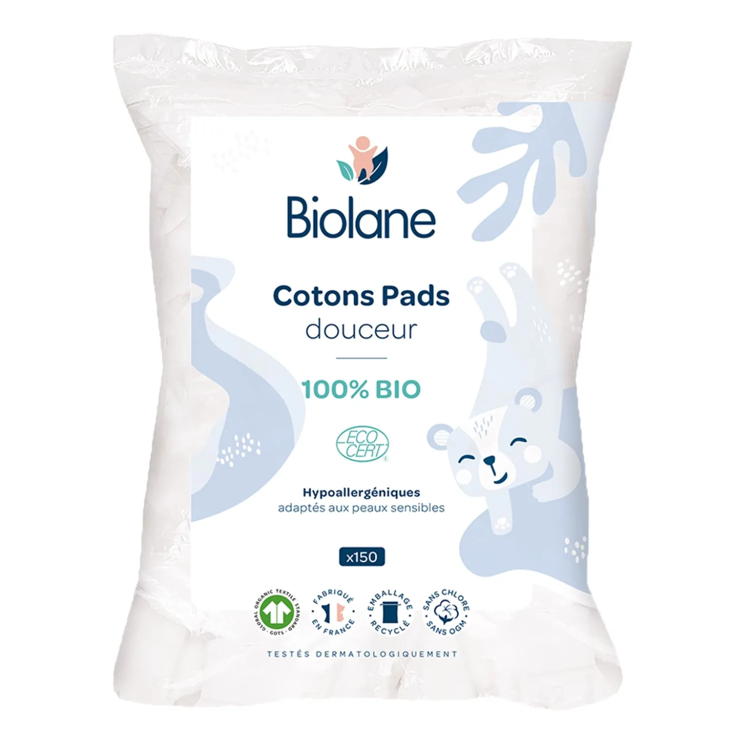 Biolane Cotons Pads Bio Bleu Clair Et Blanc