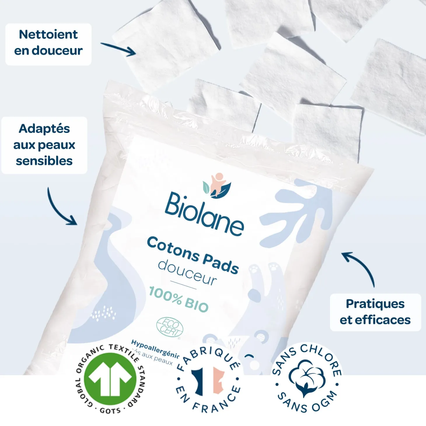 Biolane Cotons Pads Bio Bleu Clair Et Blanc