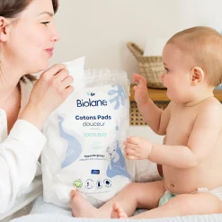 Biolane Cotons Pads Bio Bleu Clair Et Blanc