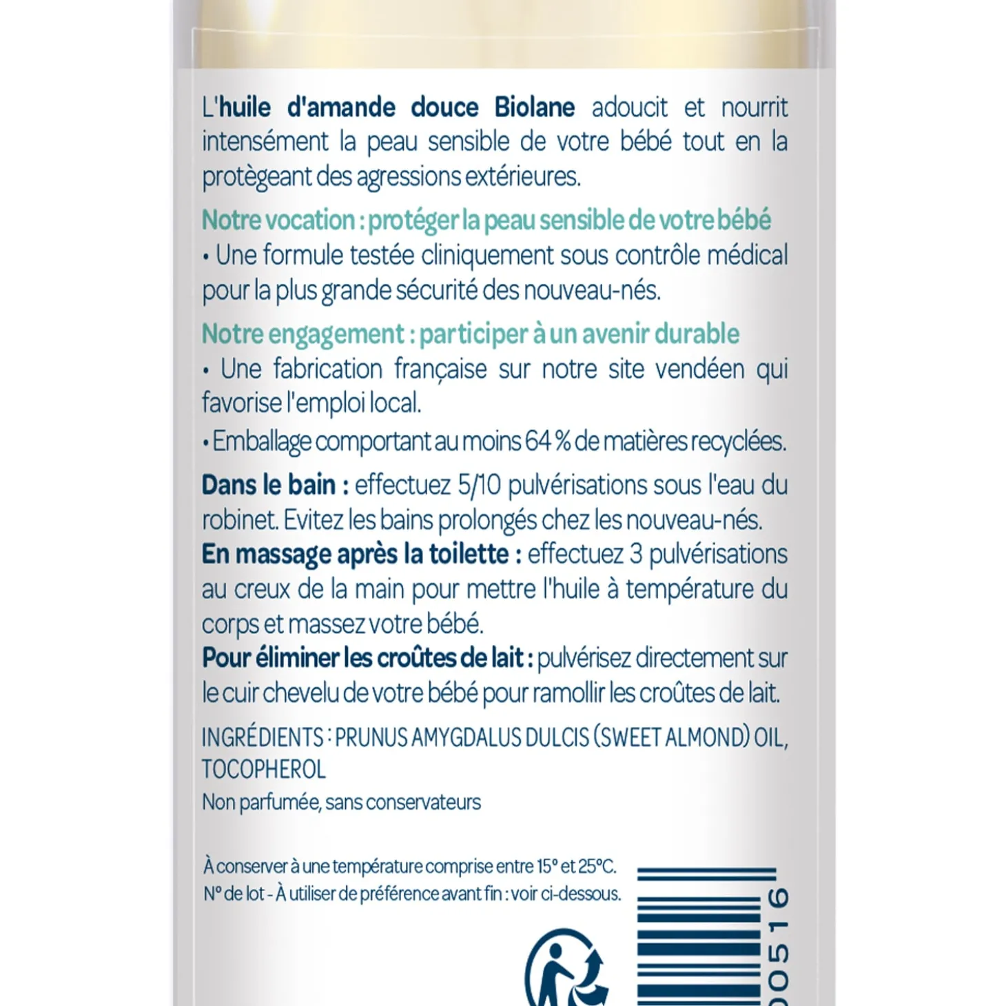 Biolane Spray huile d'amande douce Vert Et Blanc 75 ml