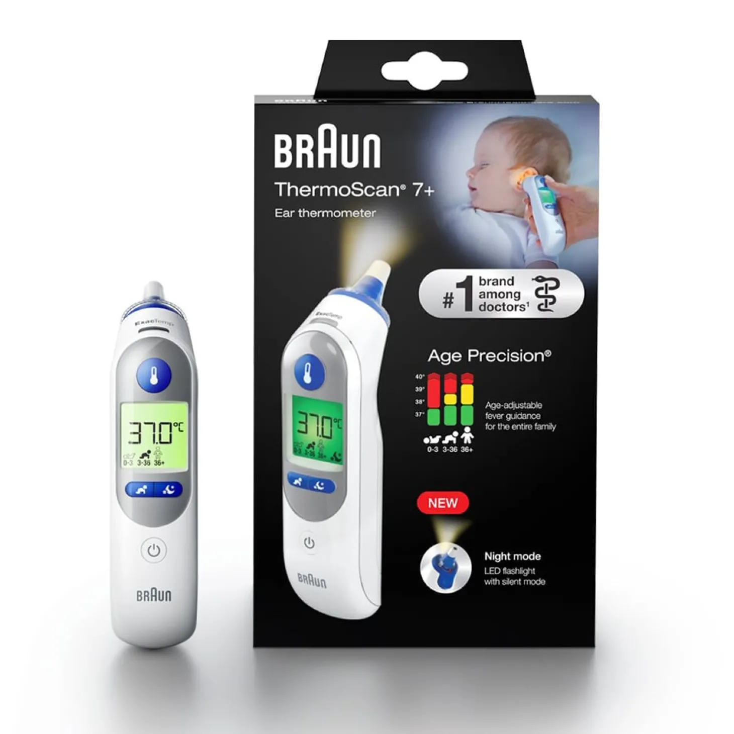 Braun Thermomètre auriculaire infrarouge ThermoScan7+ avec fonction Age Precision® et mode nuit