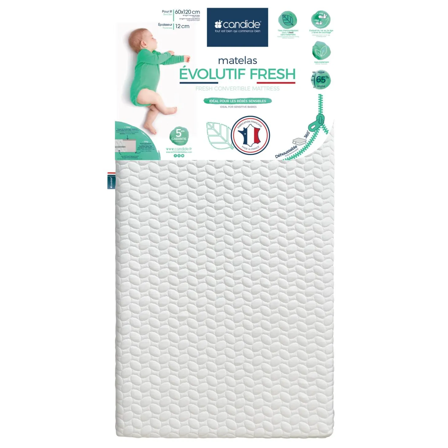 Candide Matelas evolutif Fresh déhoussable Blanc