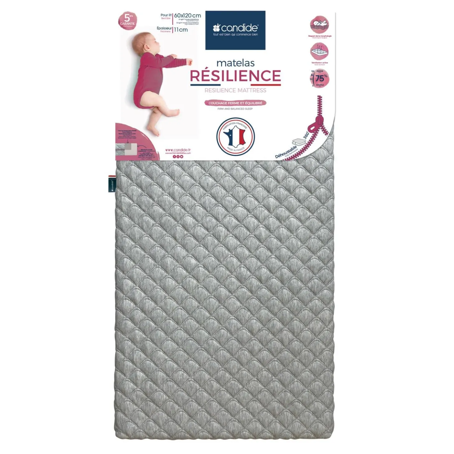 Candide Matelas Résilience déhoussable Gris