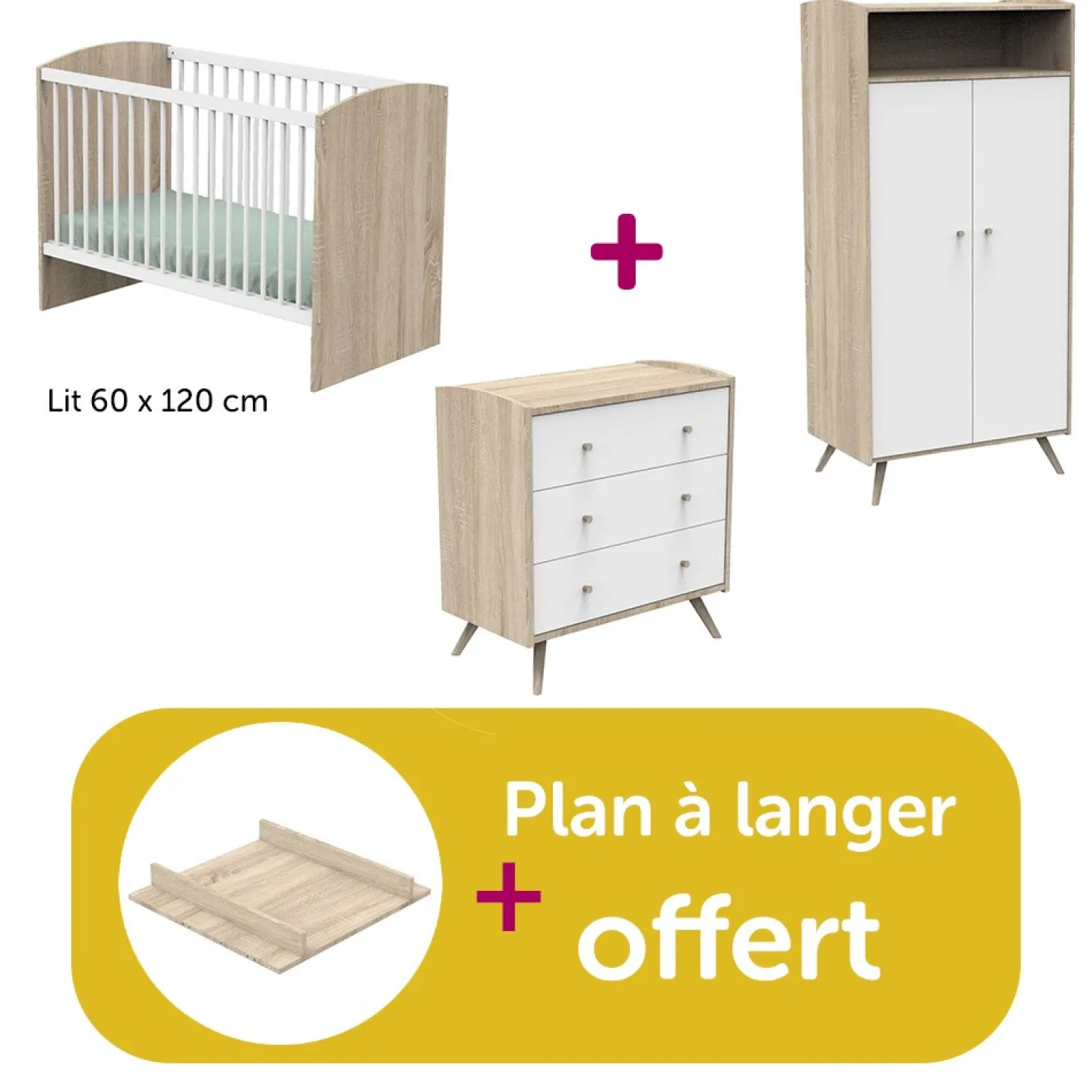 Chambre bébé complète Access blanc : lit 60x120, commode, armoire, plan à langer offert de Sauthon