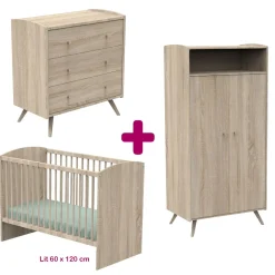 Chambre bébé complète Access bois : lit 60x120, commode, armoire de Sauthon