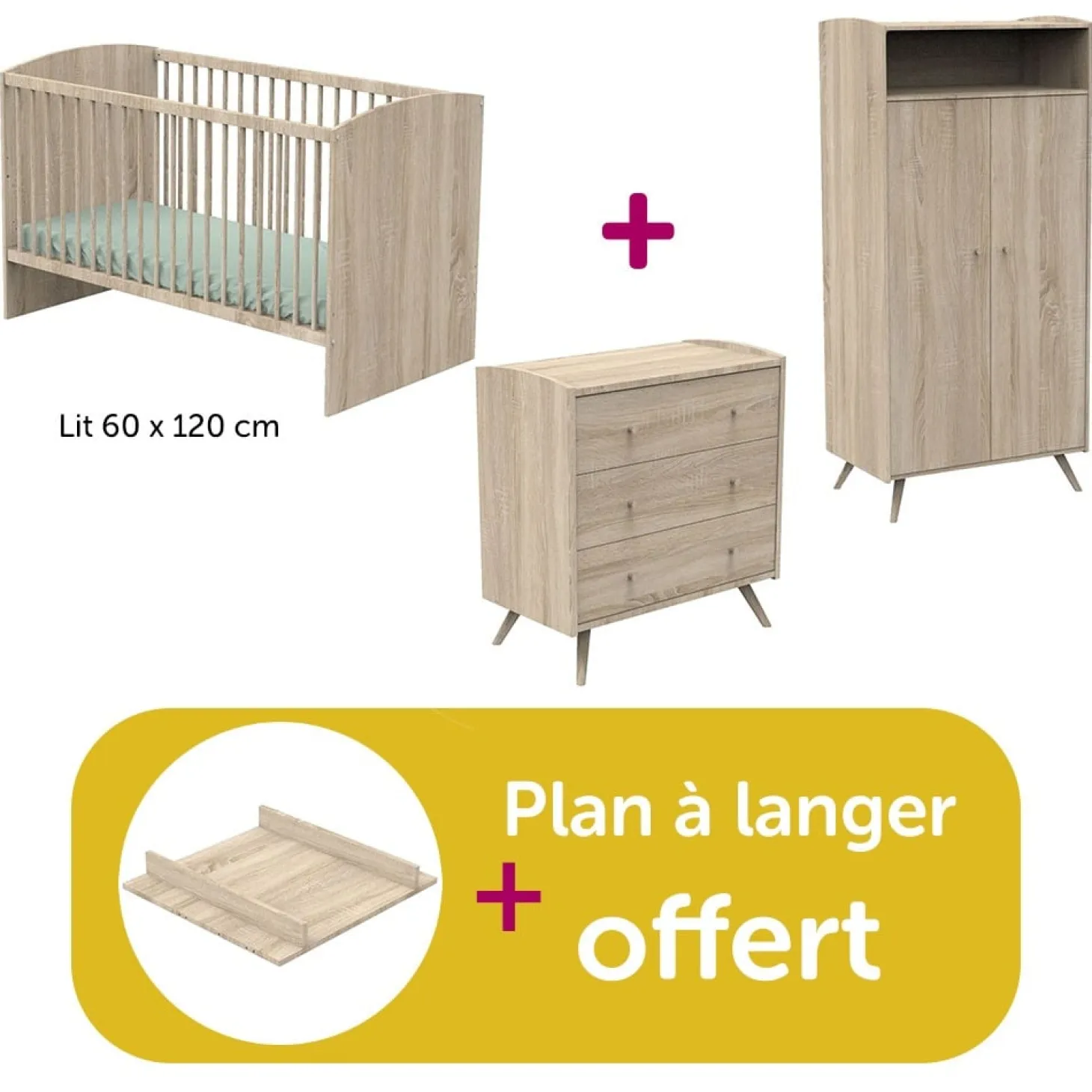 Chambre bébé complète Access bois : lit 60x120, commode, armoire, plan à langer offert de Sauthon