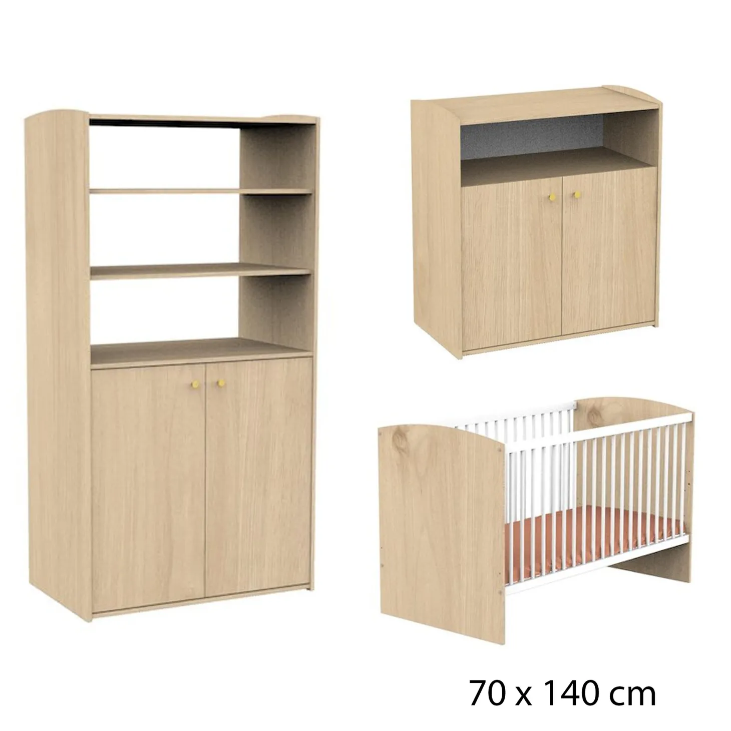 Chambre bébé complète Alice : Lit bébé 70x140 cm évolutif suave, Commode 2 Portes Bois 1 Niche, Armoire Dressing 2 Petites Portes Bois de Sauthon