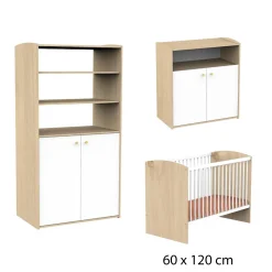 Chambre bébé complète Alice : Lit bébé 60x120 cm Blanc, Commode 2 Portes Blanches 1 Niche, Armoire Dressing 2 Petites Portes                            de Sauthon