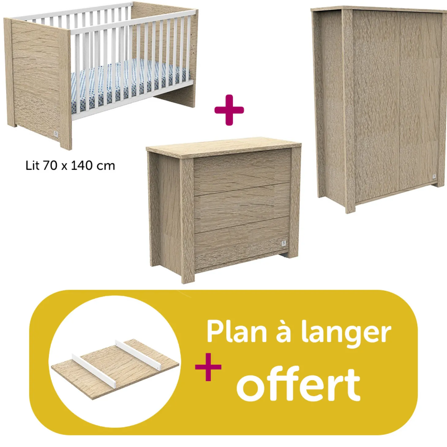 Chambre bébé Complète Antonin Bois lit 70x140, commode, armoire, plan à langer offert de Sauthon