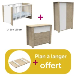 Chambre Bébé Complète Antonin Chêne Noisette Et Blanc, lit 120x60, commode,  Armoire, plan à langer offert                            de Sauthon