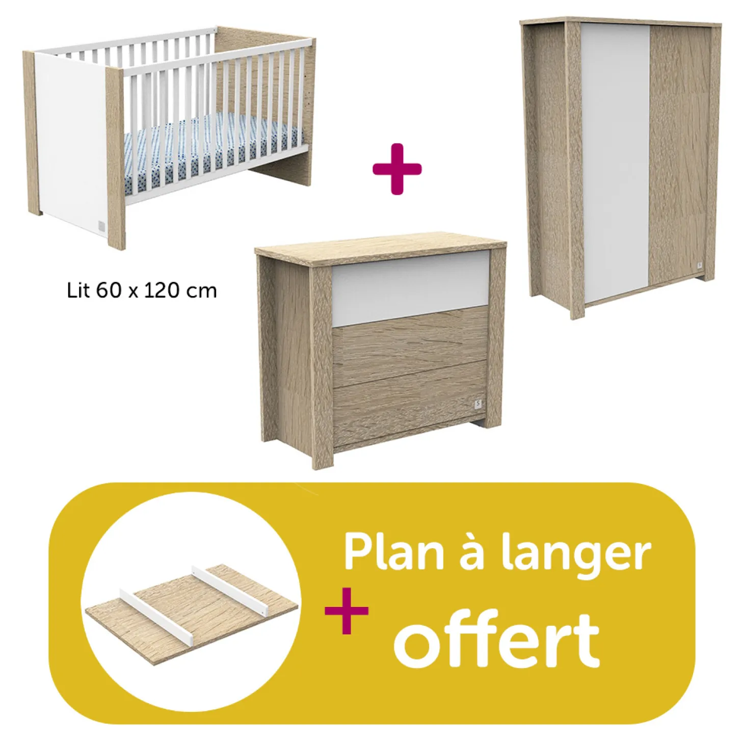 Chambre Bébé Complète Antonin Chêne Noisette Et Blanc, lit 120x60, commode, Armoire, plan à langer offert de Sauthon