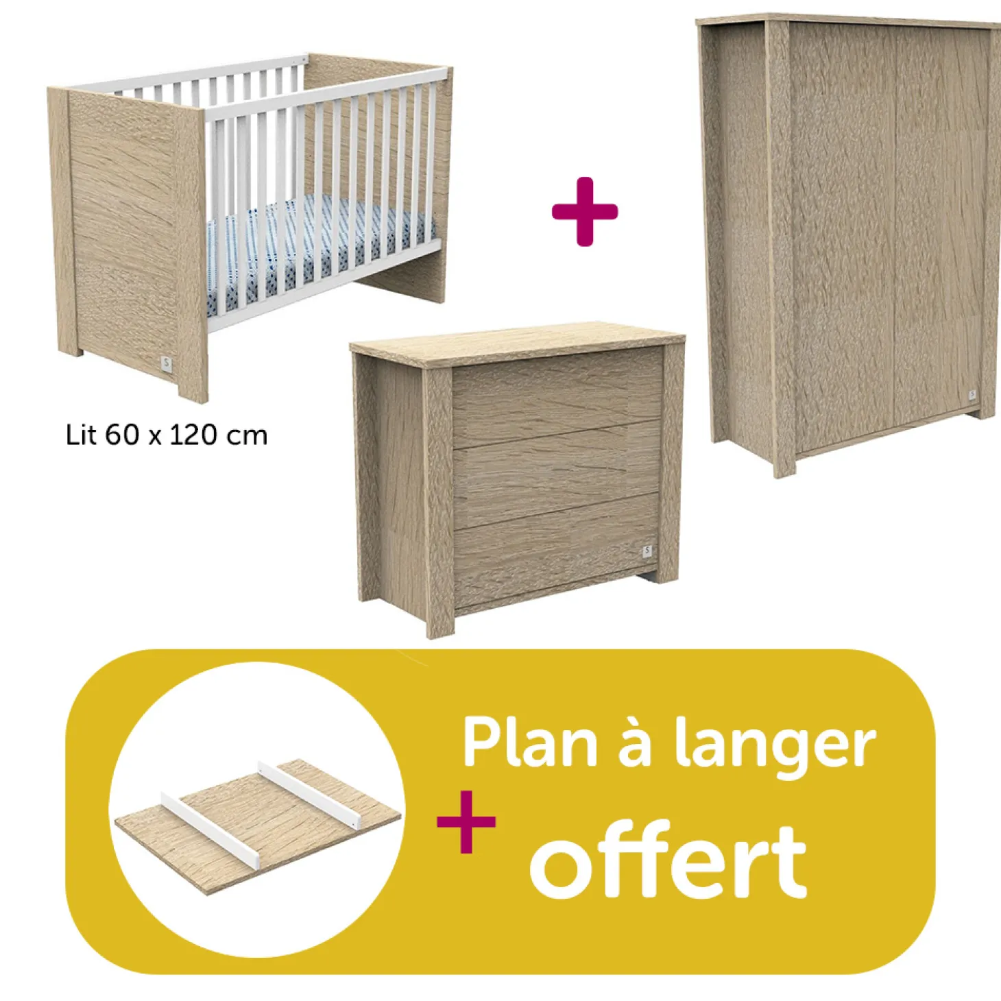 Chambre bébé complète Antonin : lit 60x120, commode, armoire, plan à langer offert de Sauthon