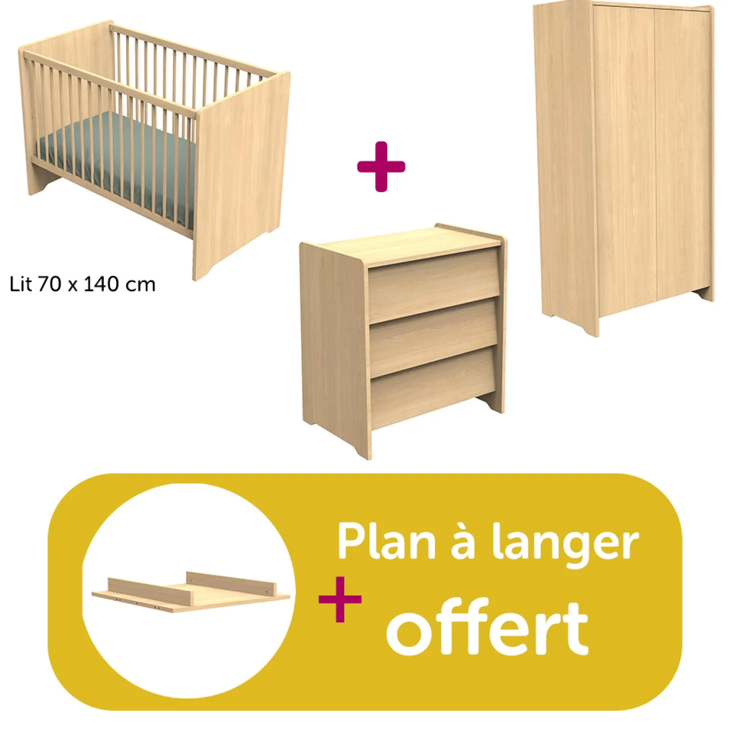 Chambre bébé complète Cannelle Chêne Miel: lit 140x70, commode, armoire, plan à langer offert de Sauthon