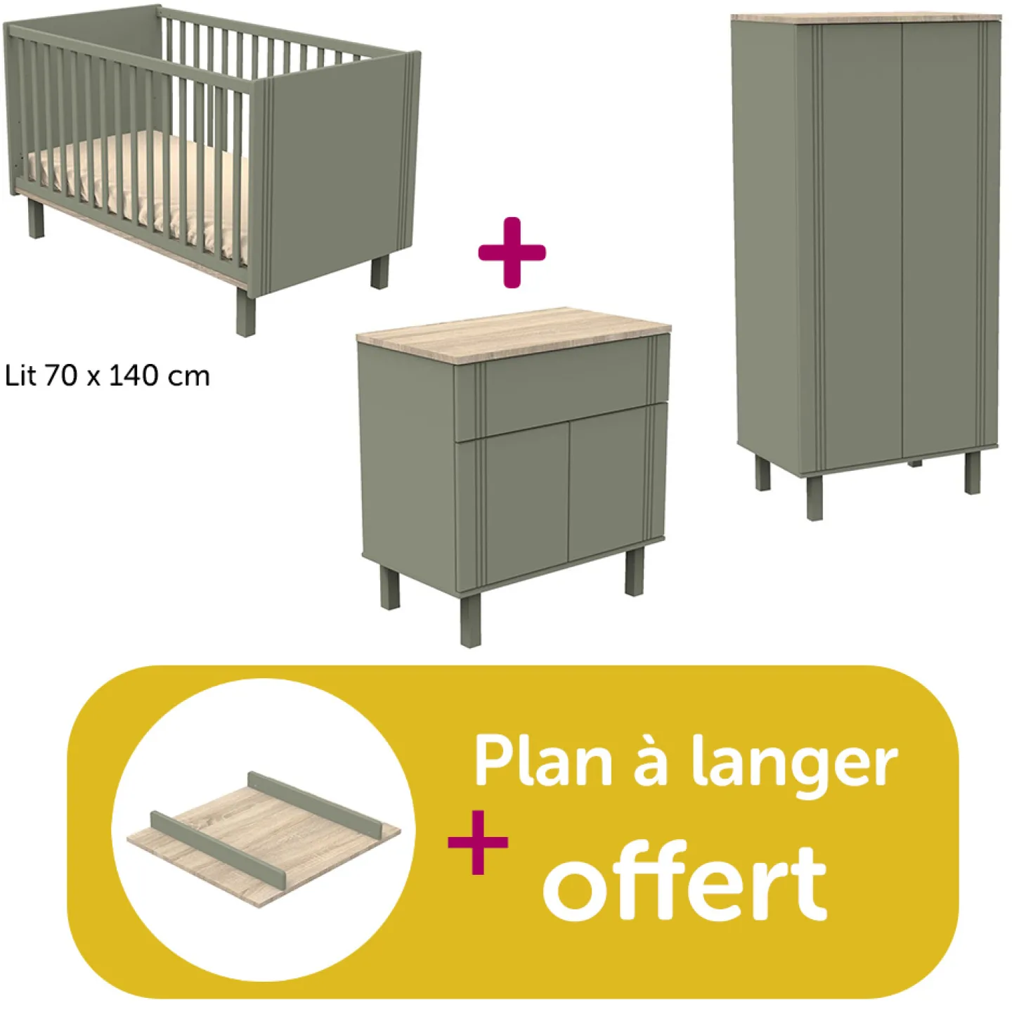 Chambre bébé complète Eléonore kaki : lit 70x140, commode, armoire, plan offert de Sauthon