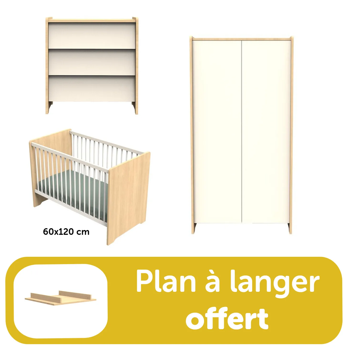 Chambre bébé complète: Lit 60x120, commode, armoire, plan à langer offert de Sauthon