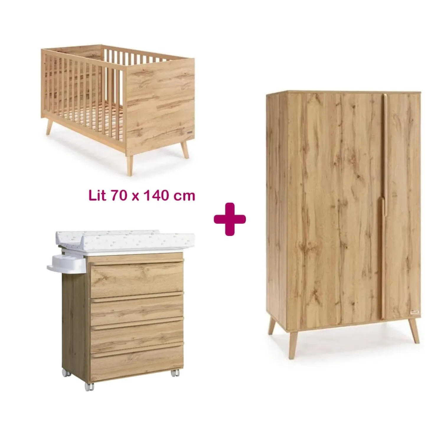 Chambre bébé complète Martha : lit 70x140, commode à langer avec baignoire, armoire de Micuna