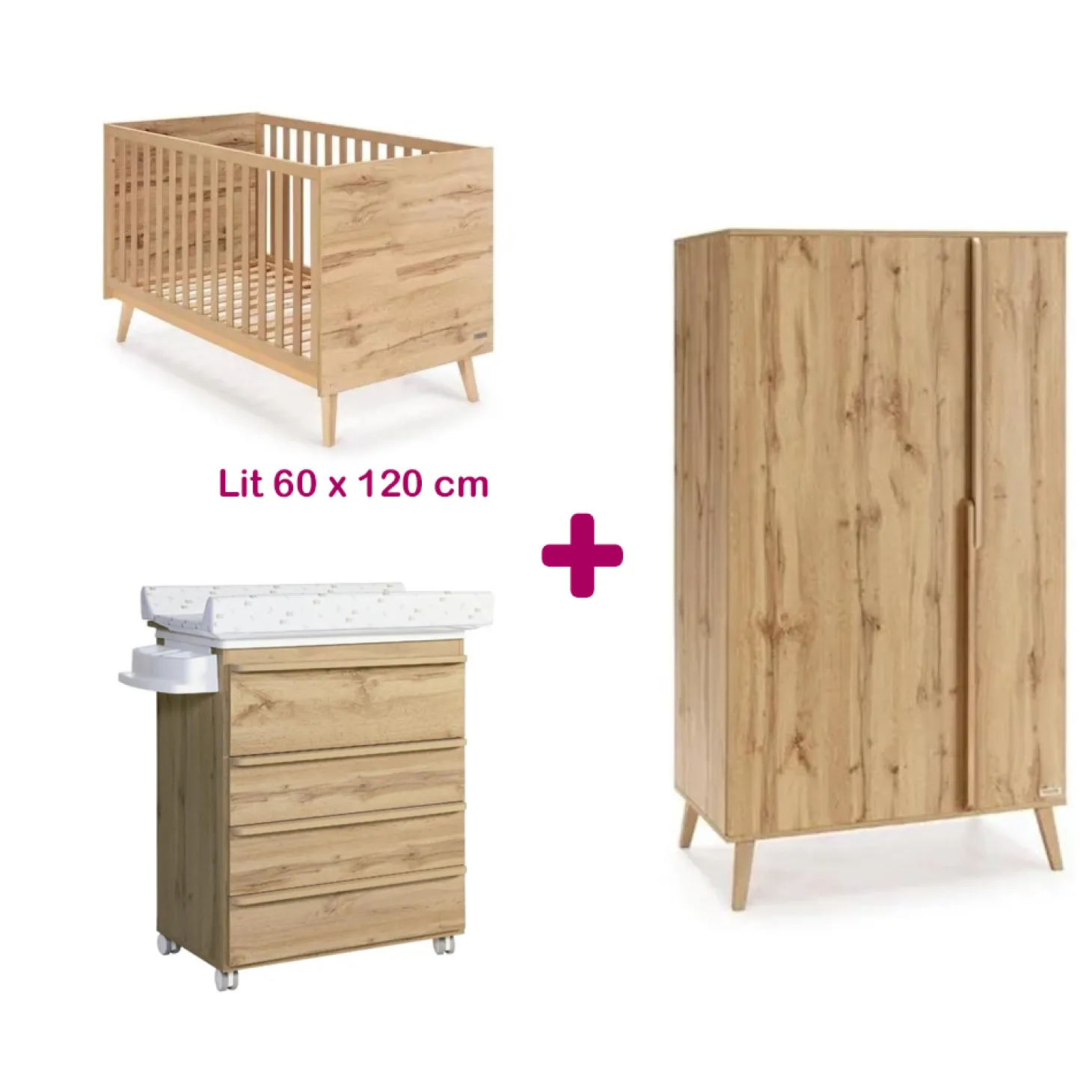Chambre bébé complète Martha : lit 60x120 commode à langer avec baignoire, armoire de Micuna