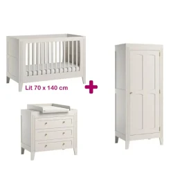 Chambre bébé complète Milenne : Lit blanc 70x140, commode, armoire, plan à langer                             de Vox