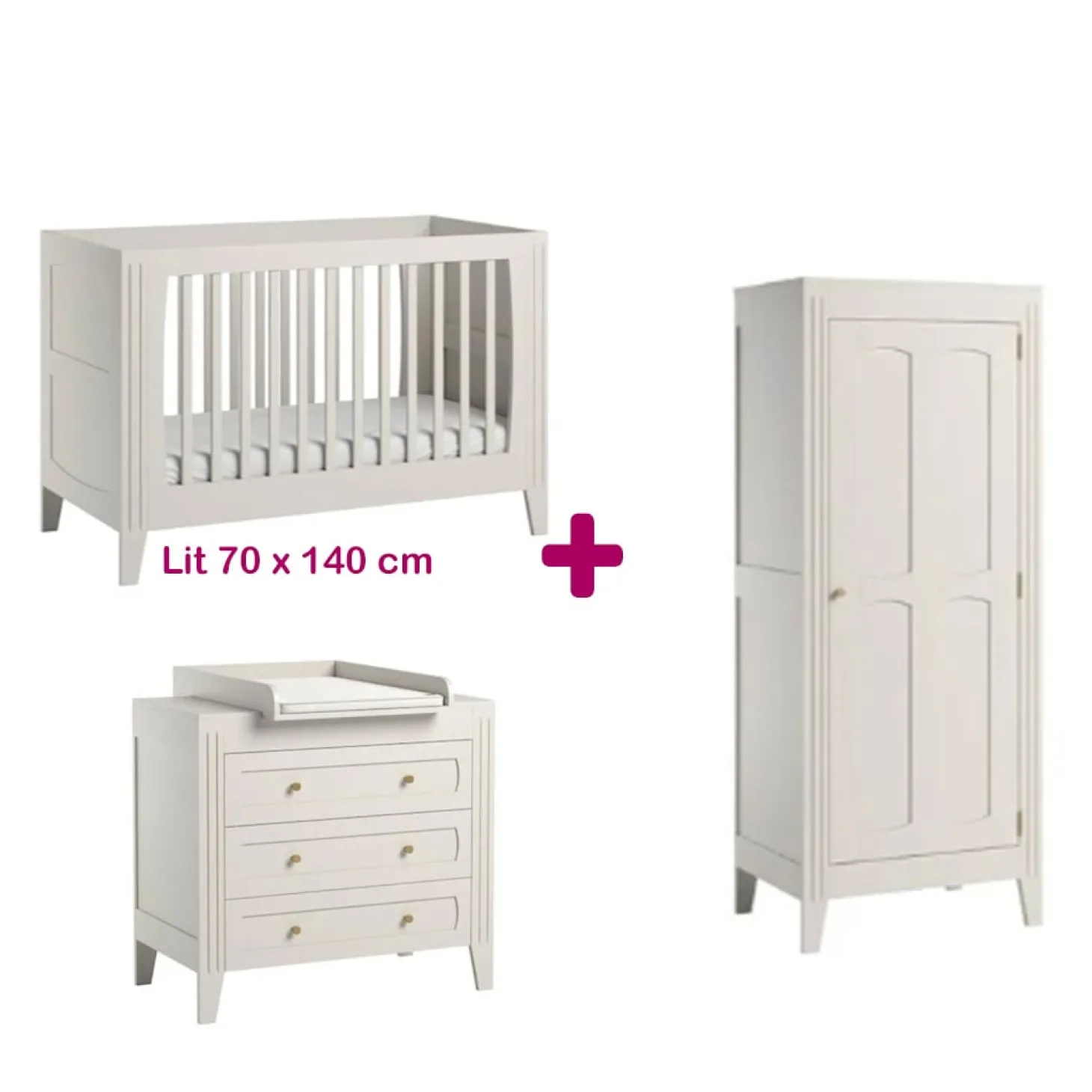 Chambre bébé complète Milenne : Lit blanc 70x140, commode, armoire, plan à langer de Vox