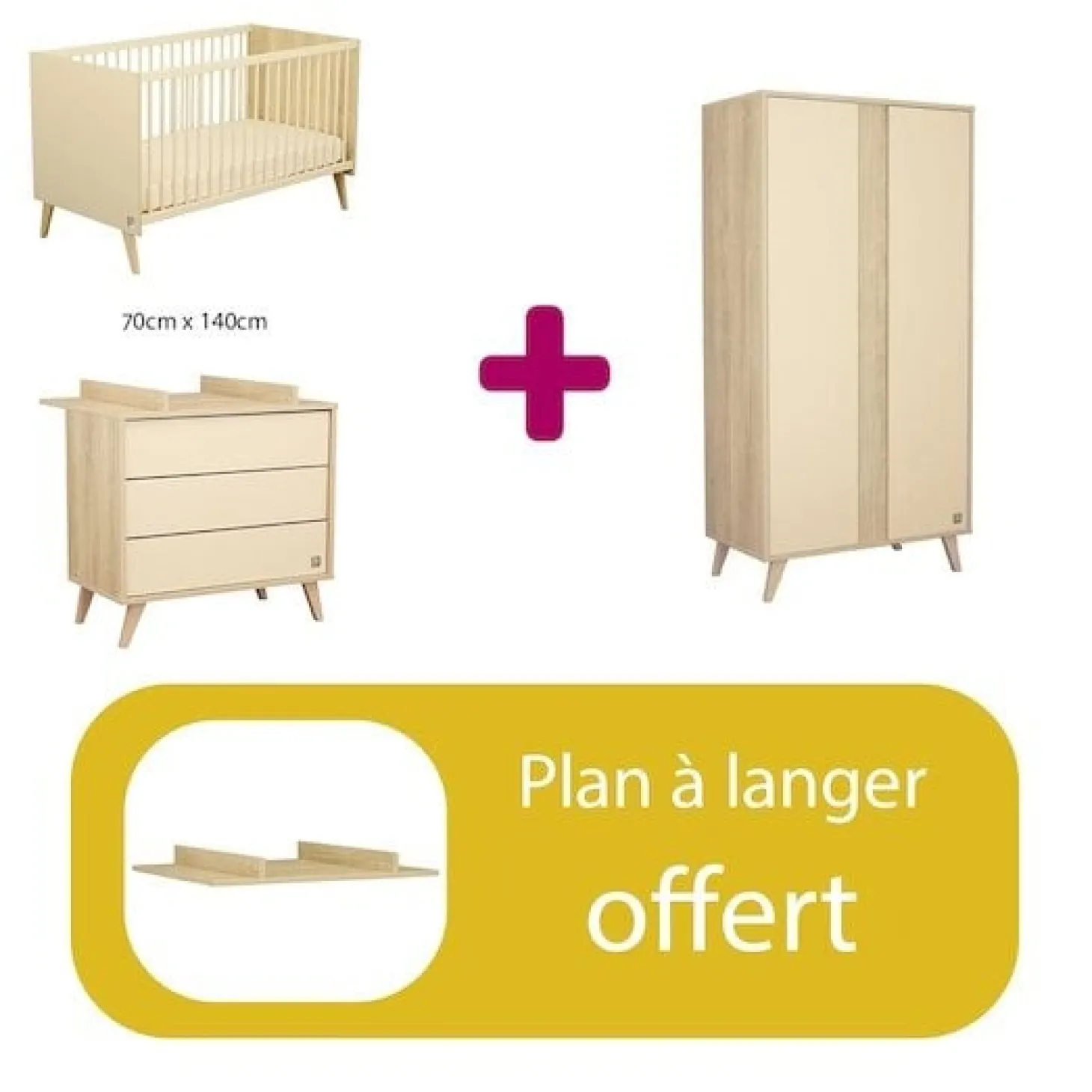 Chambre bébé complète Mélinée: Lit bébé 70x140, Commode 3 tiroirs, Armoire 2 portes , plan offert de Sauthon