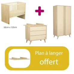 Chambre bébé complète Mélinée : Lit bébé transformable 60x120, Commode 3 tiroirs Armoire 2 portes plan offert de Sauthon