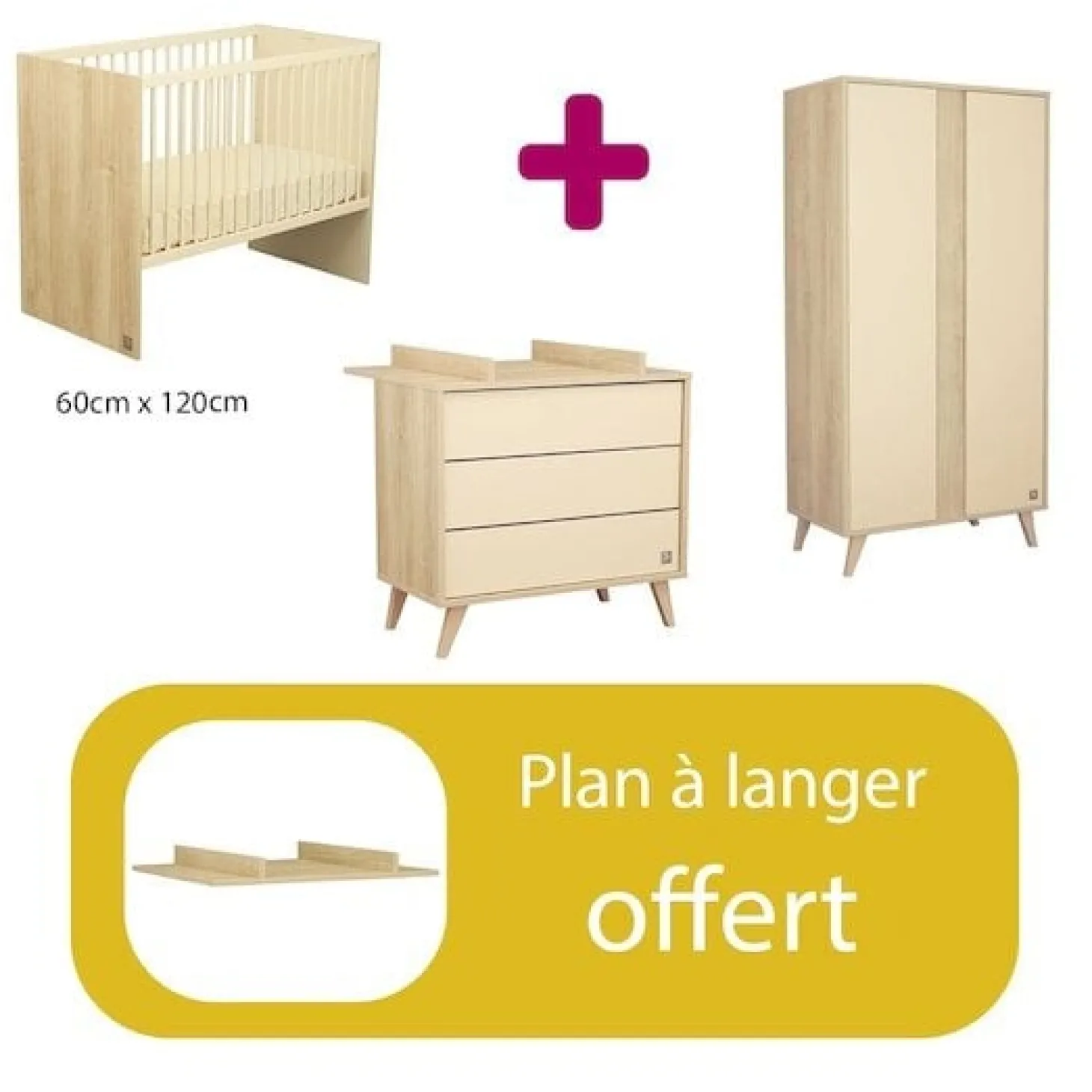 Chambre bébé complète Mélinée : Lit bébé transformable 60x120, Commode 3 tiroirs Armoire 2 portes plan offert de Sauthon