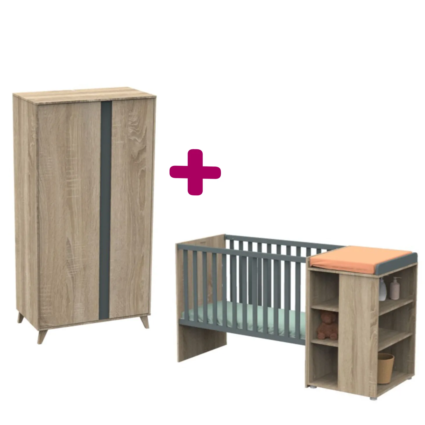 Chambre bébé complète Nova : lit combiné évolutif 60x120, armoire de Sauthon