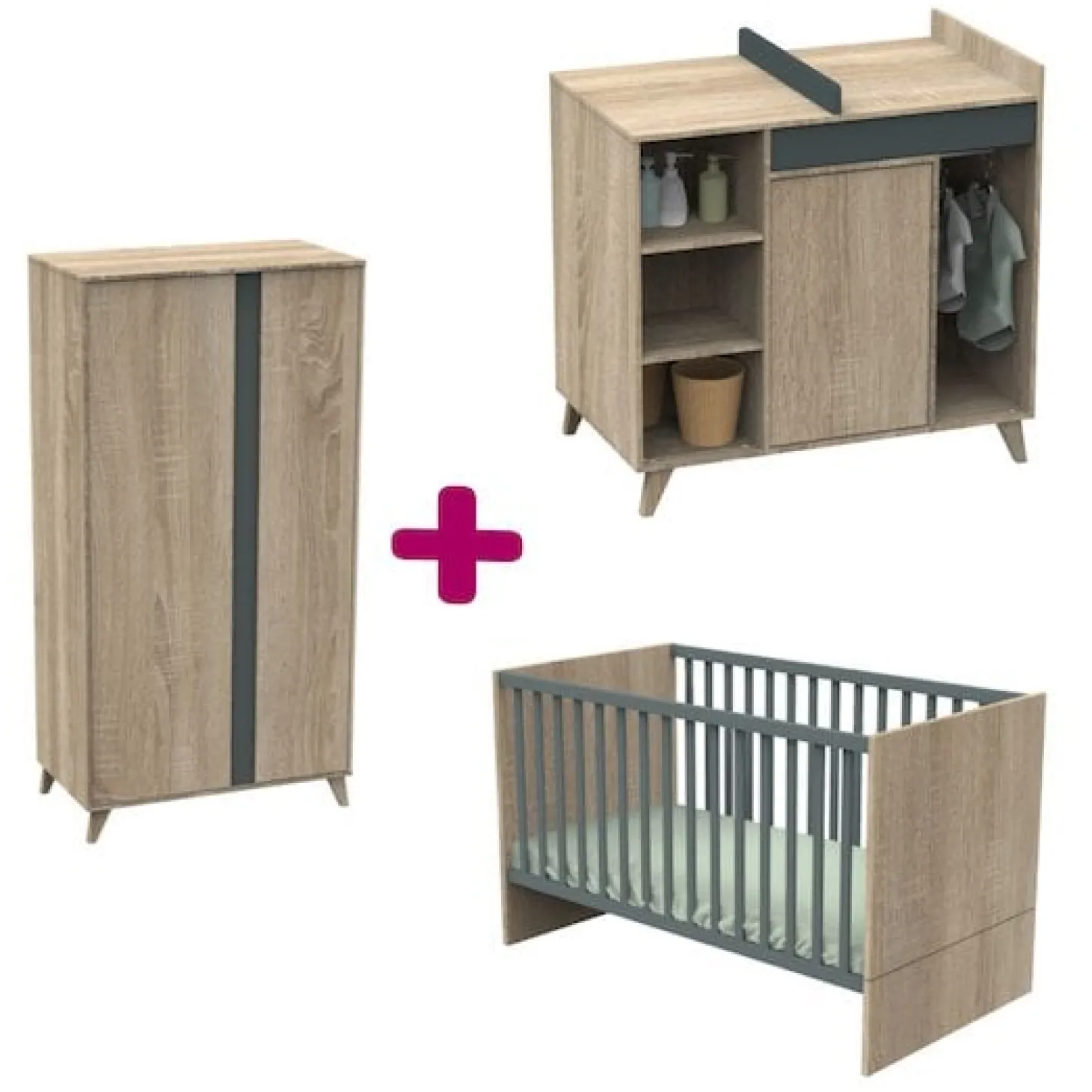 Chambre bébé complète Nova : lit 70x140, commode, armoire de Sauthon