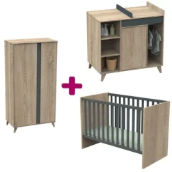 Chambre bébé complète Nova : lit 60x120, commode, armoire de Sauthon