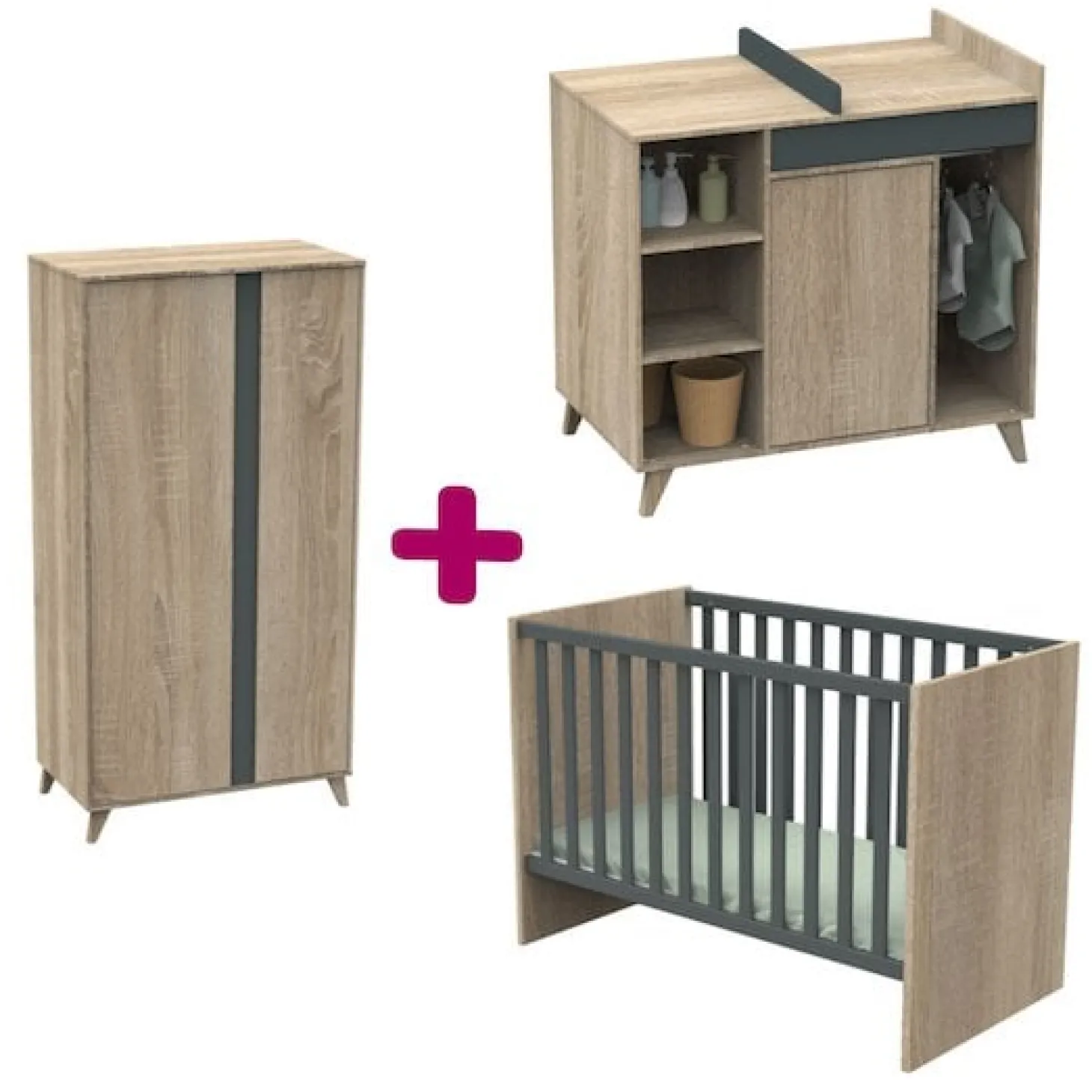 Chambre bébé complète Nova : lit 60x120, commode, armoire de Sauthon