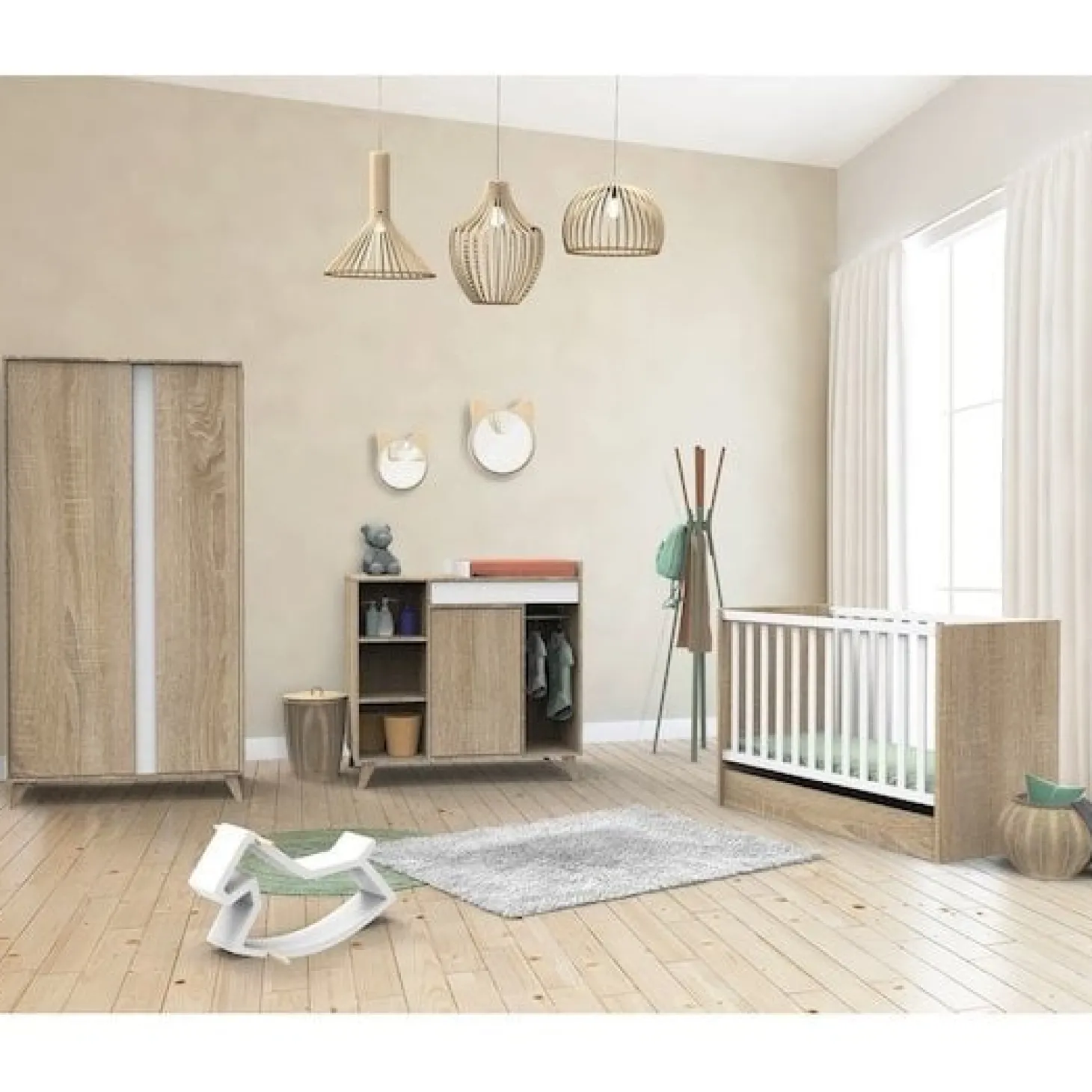 Chambre bébé complète Nova : lit 70x140, commode, armoire de Sauthon
