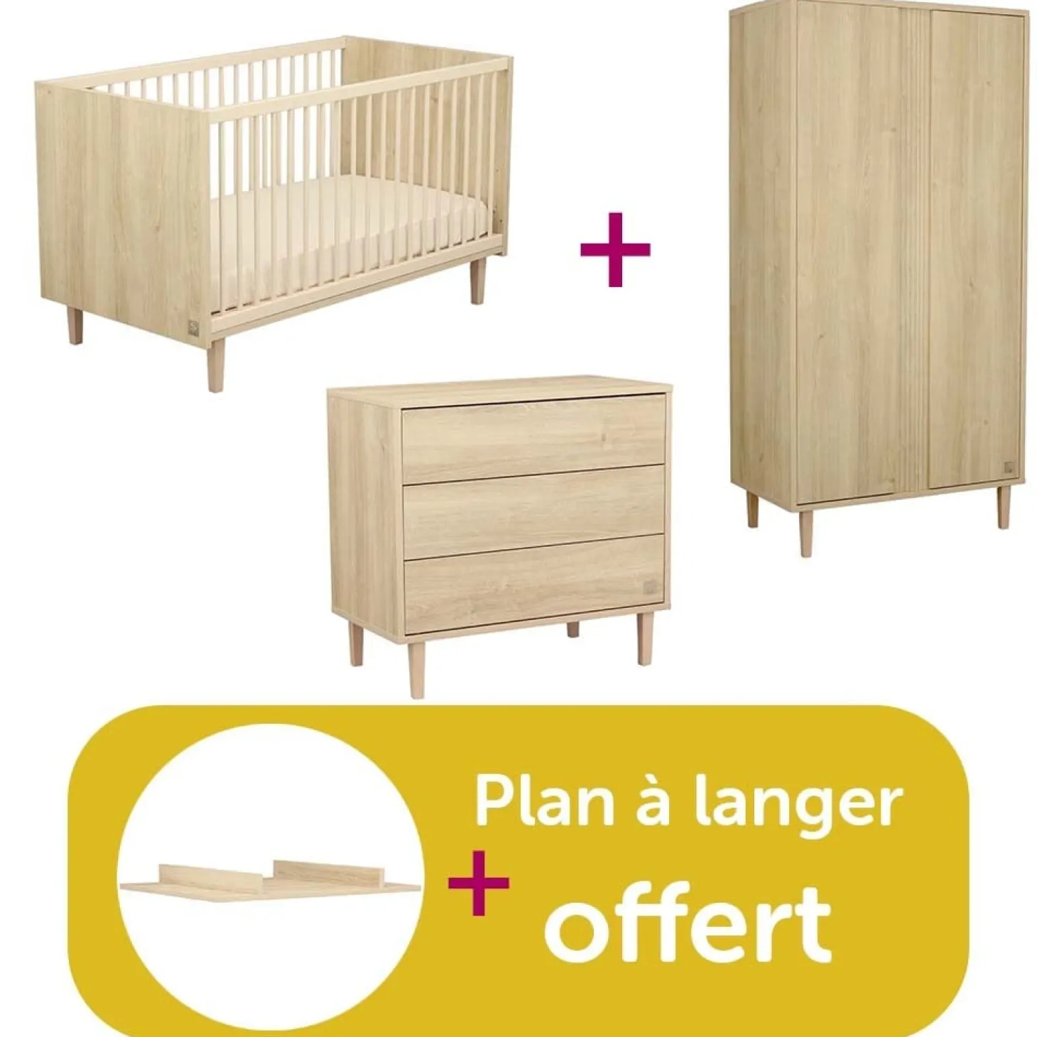 Chambre bébé complète Paloma : Lit bébé Paloma bois 70x140 évolutif, Commode 3 tiroirs bois, Armoire 2 portes bois, Plan à langer bois offert de Sauthon
