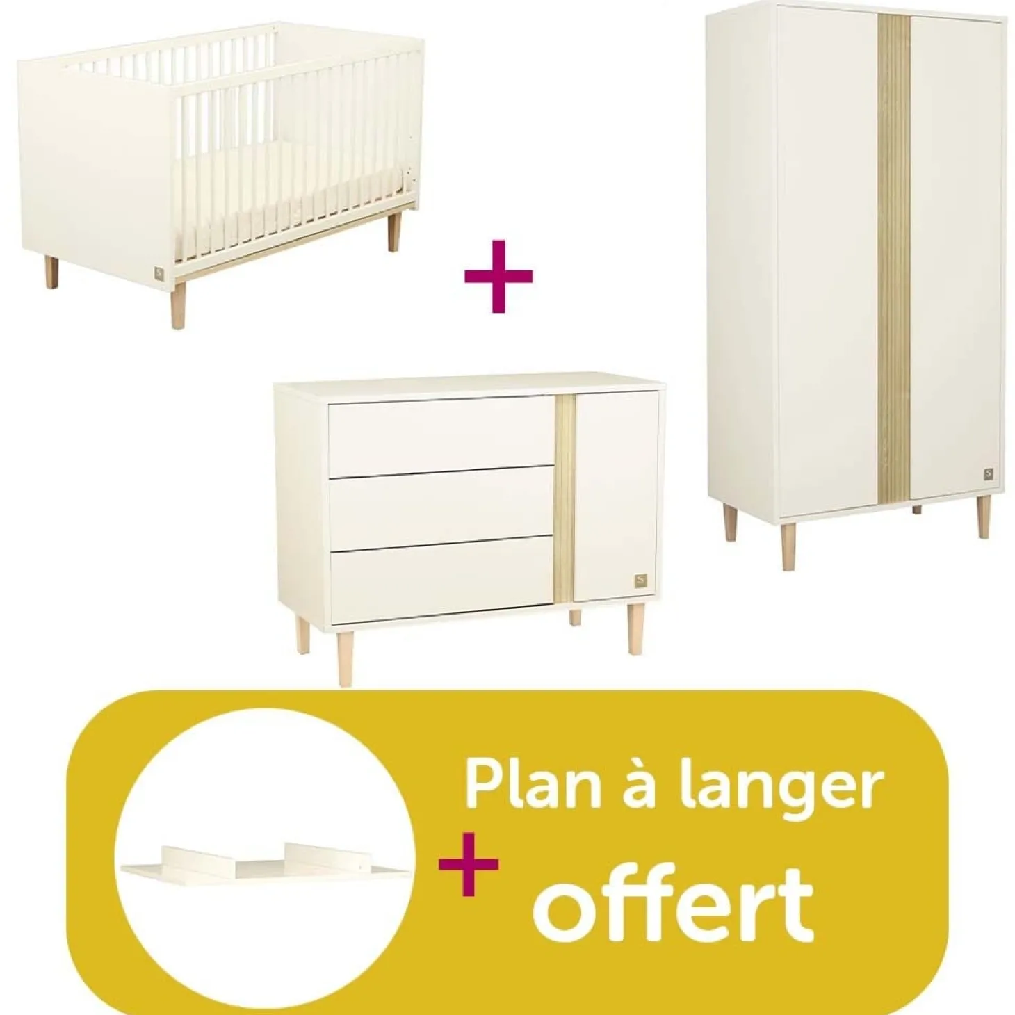 Chambre bébé complète Paloma : Little Big Bed 140X70, Commode 3 Tiroirs 1 Porte ,Armoire 2 Portes,Dispositif à Langer Grand modèle de Sauthon