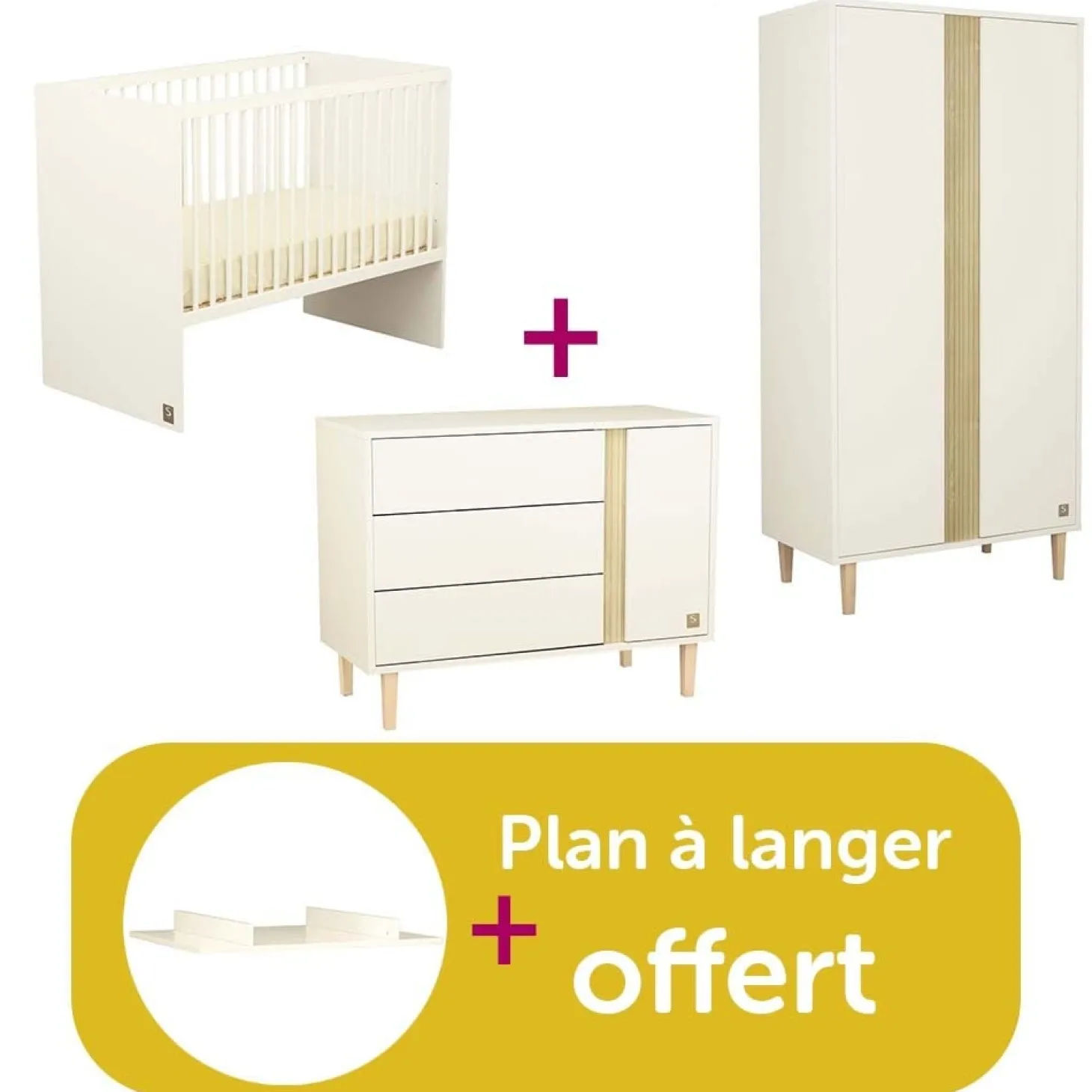 Chambre bébé complète Paloma : Lit 120 X 60, Commode 3 Tiroirs + 1 porte, Amoire 2 portes , Plan à langer Grand, modèle blanc offert de Sauthon